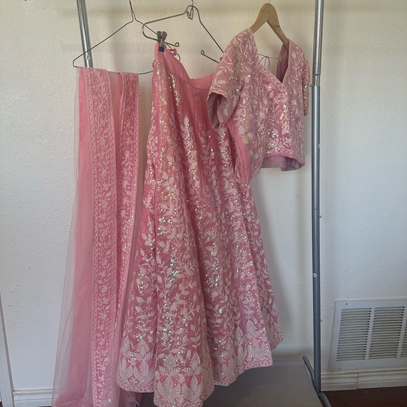 Indian Clothes Sequenced Ghagra Choli with Lace Dupatta Pink - Picture 1 of 8